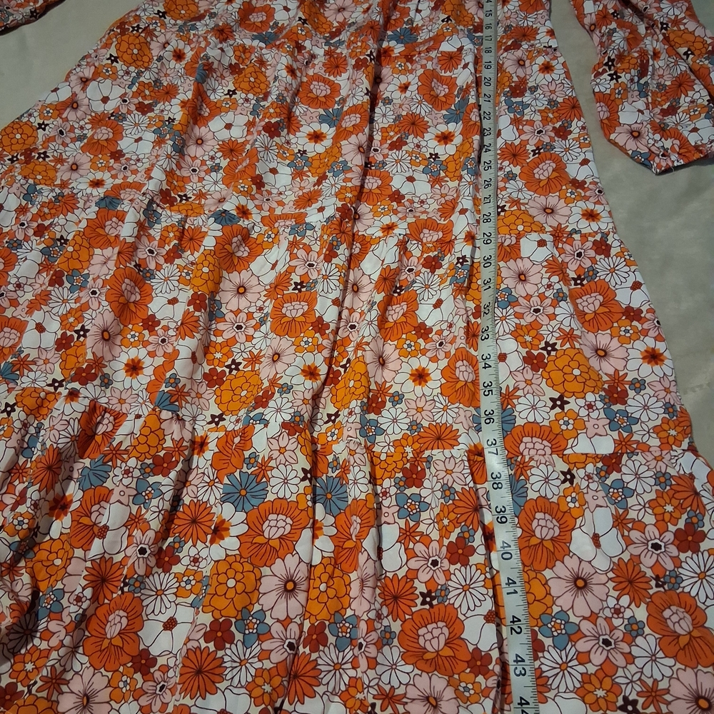 DOKOTOO- Floral Orange Midi Dress with Tiered Skirt - Picture 5 of 9